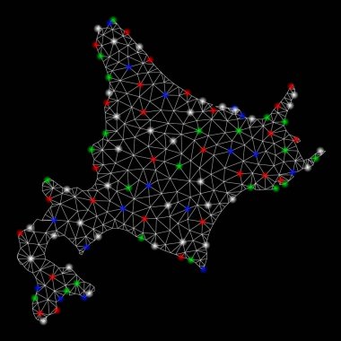 Parlak kafes tel çerçeve Hokkaido Adası Haritası ile Flash Spotlar