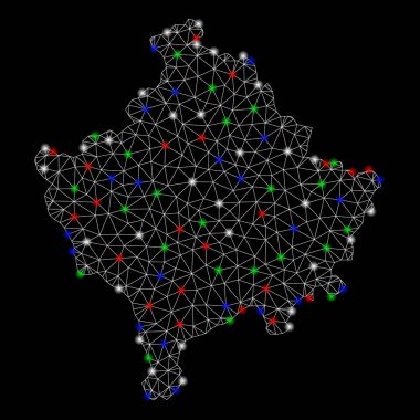 Parlak kafes tel çerçeve Kosovo haritası ile Flash Spotlar