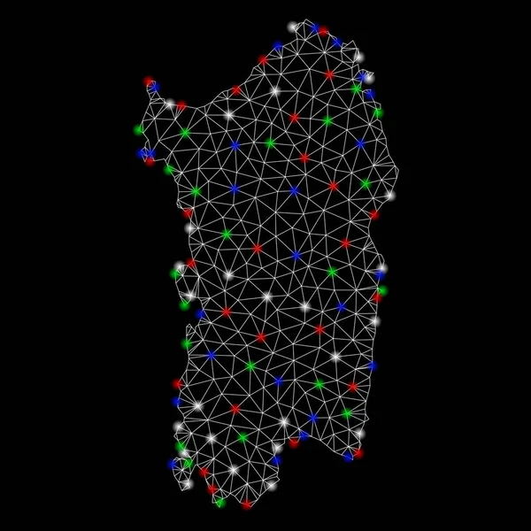 Bright Mesh 2D Italian Sardinia Island Mapa con Flash Spots — Vector de stock