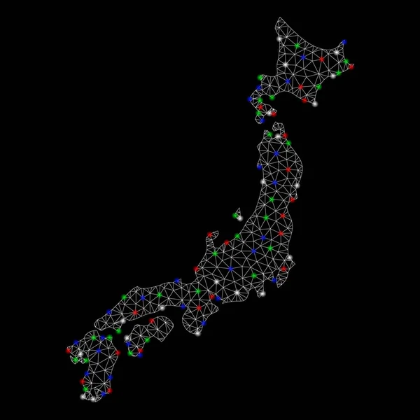 明亮的网状线框日本地图与光点 — 图库矢量图片