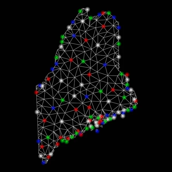 フレアスポットを持つ明るいメッシュネットワークメインの土地地図 — ストックベクタ