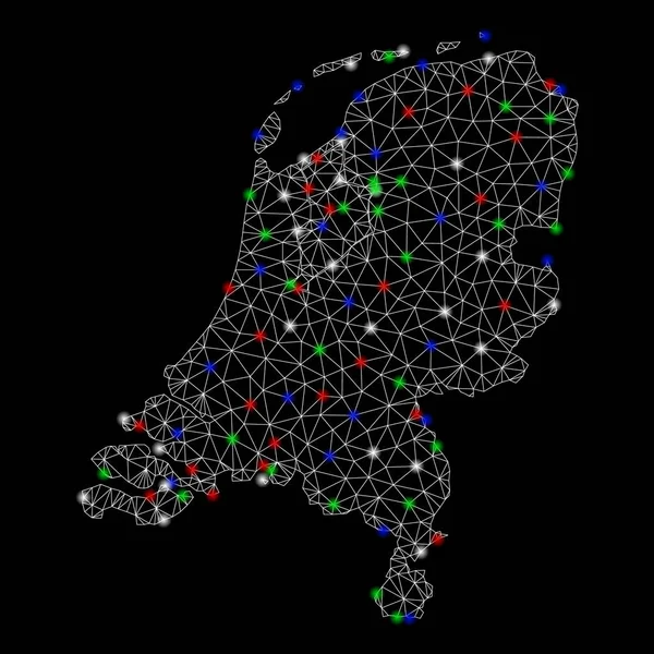 明亮的网状线框荷兰地图与火焰斑点 — 图库矢量图片