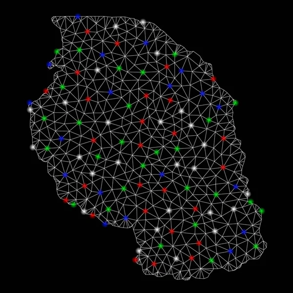 明るいメッシュワイヤーフレームタンザニアのフレアスポットの地図 — ストックベクタ