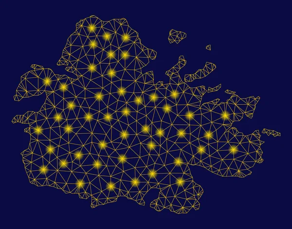 Carcasa de malla amarilla Antigua Island Mapa con puntos de llamarada — Vector de stock
