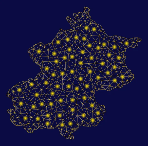Red de malla amarilla Mapa de la ciudad de Beijing con puntos de llamarada — Vector de stock