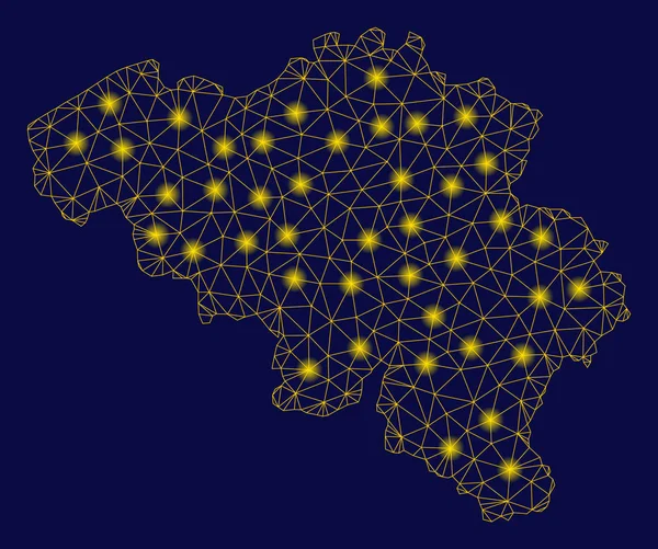 Marco de alambre de malla amarilla Bélgica Mapa con puntos de inflamación — Vector de stock