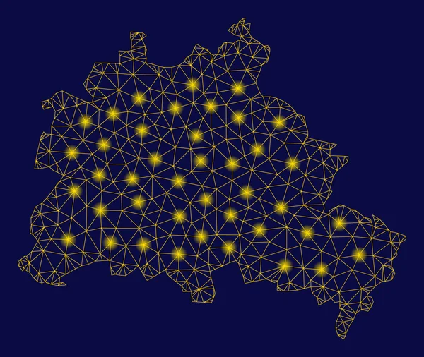 Marco de alambre de malla amarilla Mapa de la ciudad de Berlín con puntos de llamarada — Vector de stock