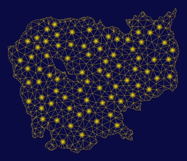 Malla amarilla 2D Camboya Mapa con puntos de luz — Vector de stock