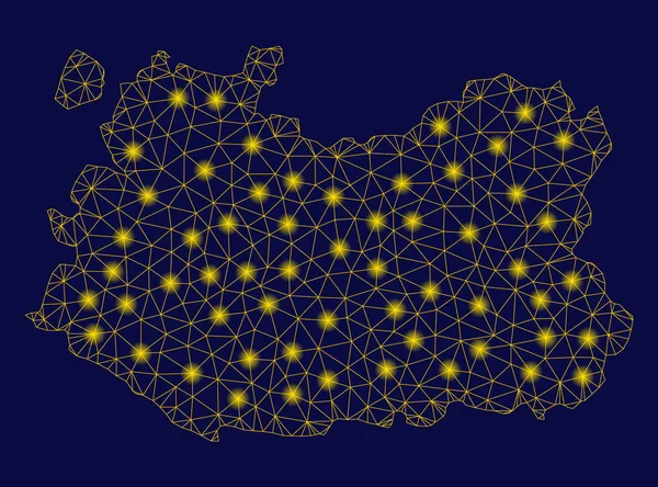Red de malla amarilla Mapa de la provincia de Ciudad Real con puntos de llamarada — Vector de stock