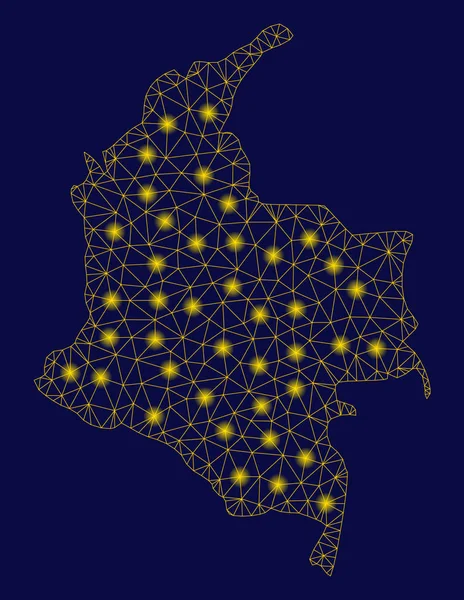 Marco de alambre de malla amarilla Mapa de Colombia con puntos de luz — Vector de stock