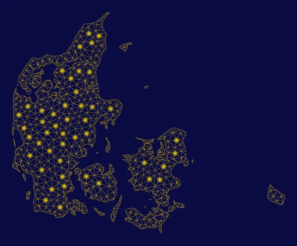 Yellow Mesh Network Danemark Carte avec des taches de fusée éclairante — Image vectorielle