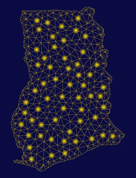 Rede de malha amarela Mapa de Gana com pontos de luz — Vetor de Stock