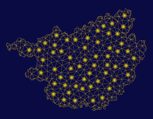 Mapa de la región de Guangxi Zhuang 2D de malla amarilla con puntos de inflamación — Vector de stock