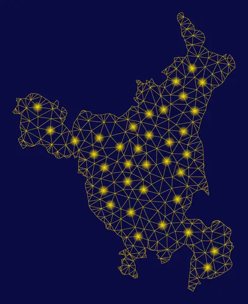 Red de malla amarilla Mapa del estado de Haryana con puntos de luz — Vector de stock