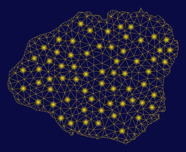 Carte d'île de Kauai de cadre de fil de treillis jaune avec des taches de fusée éclairante — Image vectorielle