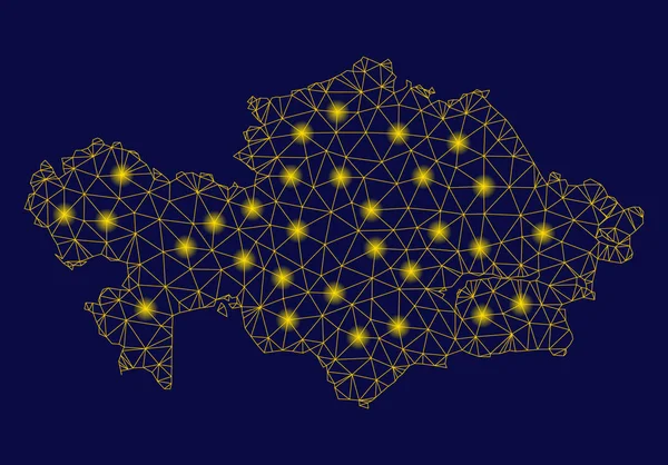 Żółta siatka druciana rama Kazachstan Mapa z plamami Flare — Wektor stockowy