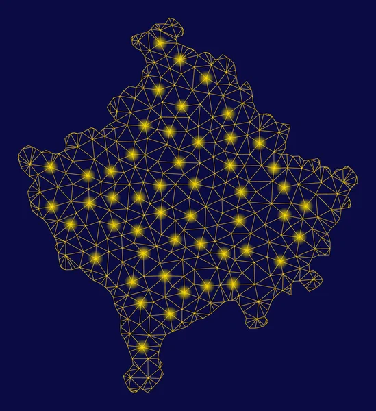 Carcasa de malla amarilla Kosovo Mapa con puntos de luz — Vector de stock