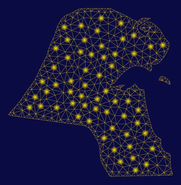 Gelbe Maschen-Karkasse Kuwait-Karte mit hellen Flecken — Stockvektor