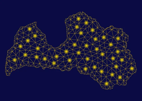 Yellow Mesh Network Lettonie Carte avec des spots flash — Image vectorielle