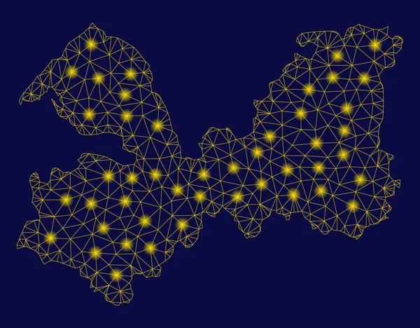 Mapa del óblast de Leningrado de malla amarilla con manchas de luz — Vector de stock