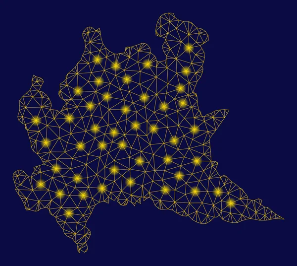 Carcasa de malla amarilla Región de Lombardía Mapa con puntos de llamarada — Vector de stock