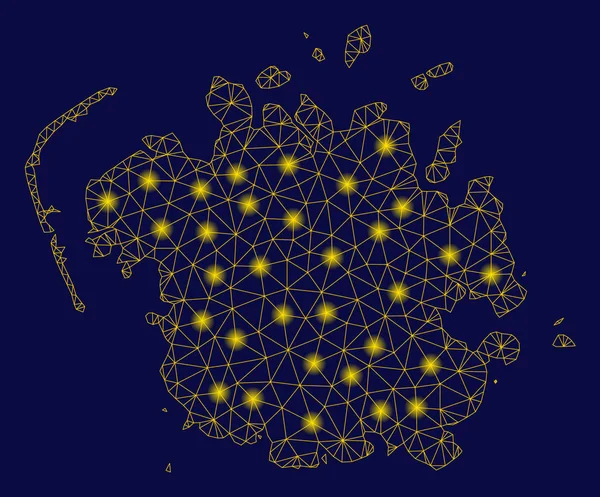 Yellow Mesh Wire Frame Micronesia Island Map with Flash Spots — Stock Vector