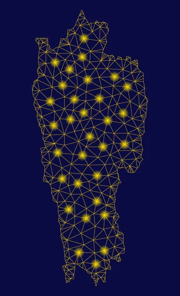 Rete a maglia gialla Mizoram Mappa di stato con punti luce — Vettoriale Stock