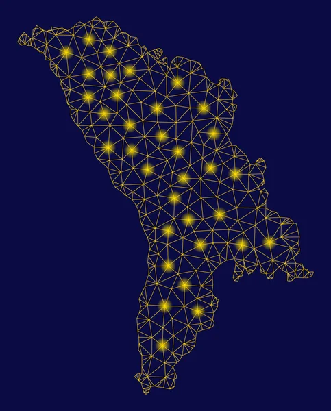 Marco de alambre de malla amarilla Mapa de Moldavia con puntos de llamarada — Vector de stock