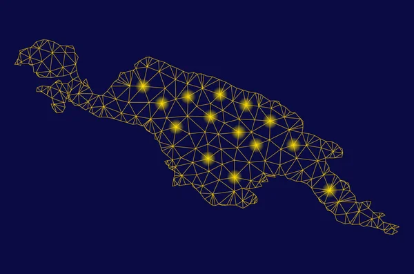 Red de malla amarilla Mapa de la isla de Nueva Guinea con puntos de llamarada — Vector de stock