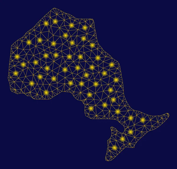 Mapa de la provincia de Ontario 2D de malla amarilla con puntos de llamarada — Vector de stock