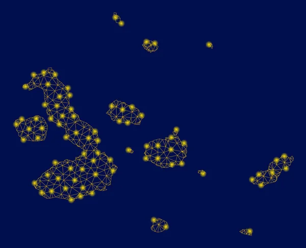 Red de malla amarilla Mapa de las Islas Galápagos con puntos de luz — Vector de stock