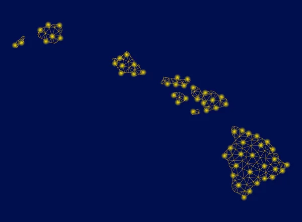 Gul mesh Wire Frame Hawaiiöarna karta med ljusa fläckar — Stock vektor