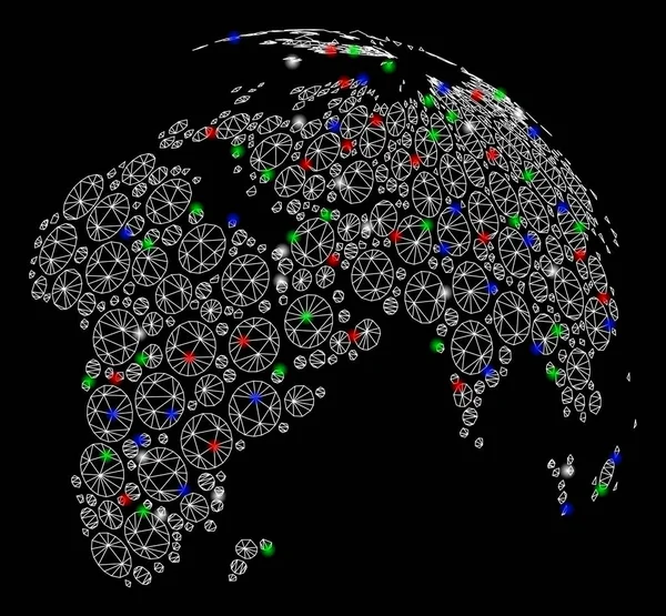 Абстрактный глобус сети Bright Mesh с точечными континентами и вспышками — стоковый вектор