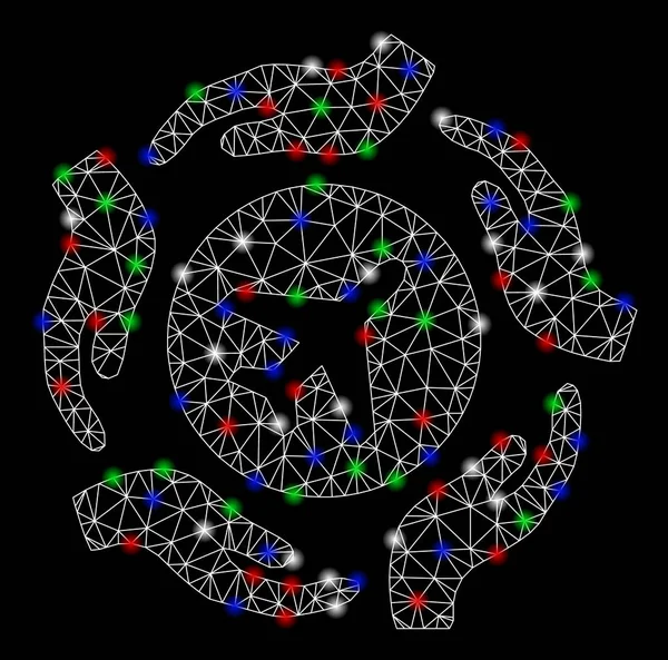 明るいメッシュワイヤーフレームフレアスポットと航空機のケアハンド — ストックベクタ