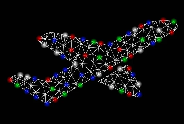 Despegue del avión brillante de la red de malla con los puntos de la llamarada — Vector de stock