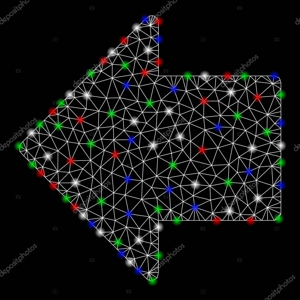 bright mesh arrow left with glare effect white wire carcass triangular mesh in vector format on a black background abstract 2d mesh designed with polygonal grid round dots colorful light spots wdrfree