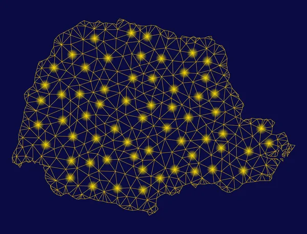 Red de malla amarilla Mapa estatal de Paraná con puntos de llamarada — Vector de stock