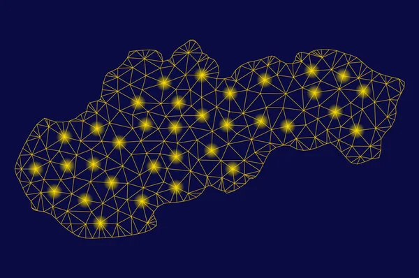 Marco de alambre de malla amarilla Mapa de Eslovaquia con puntos de llamarada — Vector de stock