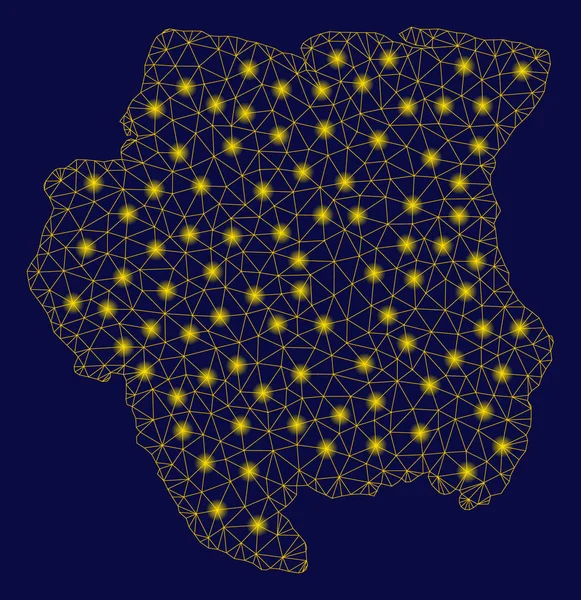 Red de malla amarilla Mapa de Surinam con puntos de inflamación — Vector de stock