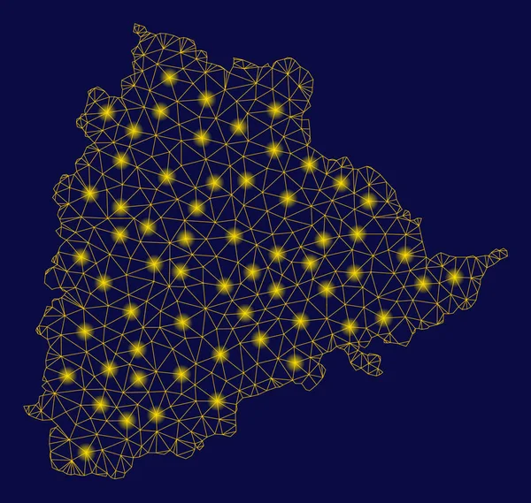 Marco de alambre de malla amarilla Mapa del estado de Telangana con puntos de luz — Vector de stock