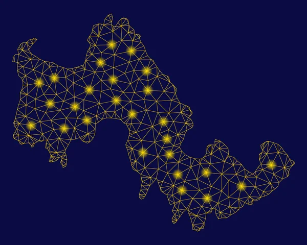 Red de malla amarilla Tilos Mapa de la isla griega con puntos de llamarada — Vector de stock