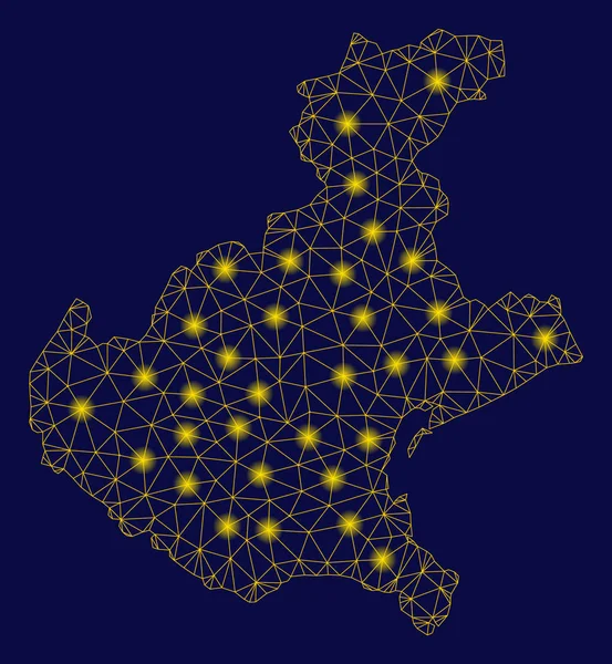 Malla amarilla Carcasa Región Veneto Mapa con puntos de luz — Vector de stock