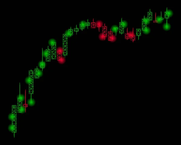 밝은 메쉬 와이어 프레임 촛대 차트 성장 둔화 빛 반점 — 스톡 벡터