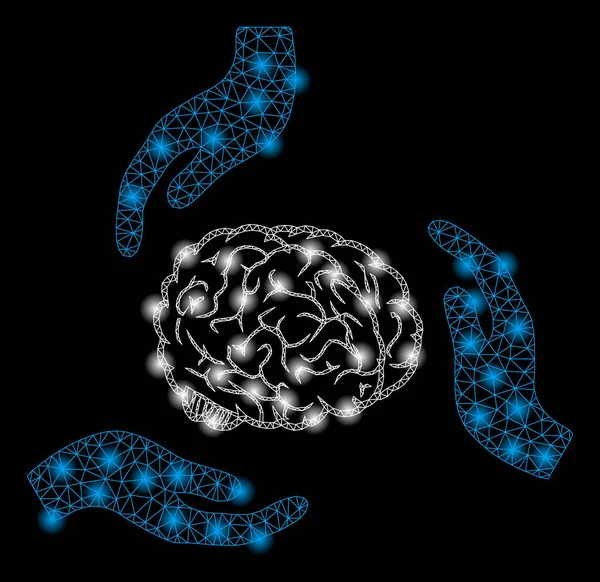 Mains vives de soin de cerveau de cadre de fil de treillis métallique avec des taches éclair — Image vectorielle