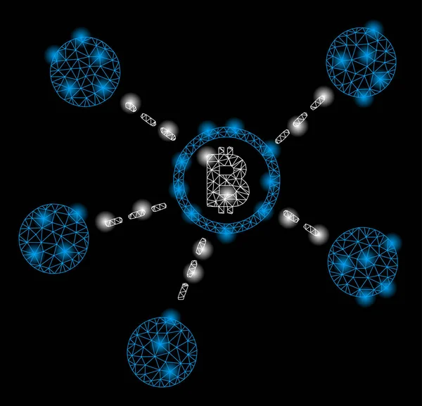 Rete Bitcoin a maglia luminosa con macchie di brillamento — Vettoriale Stock