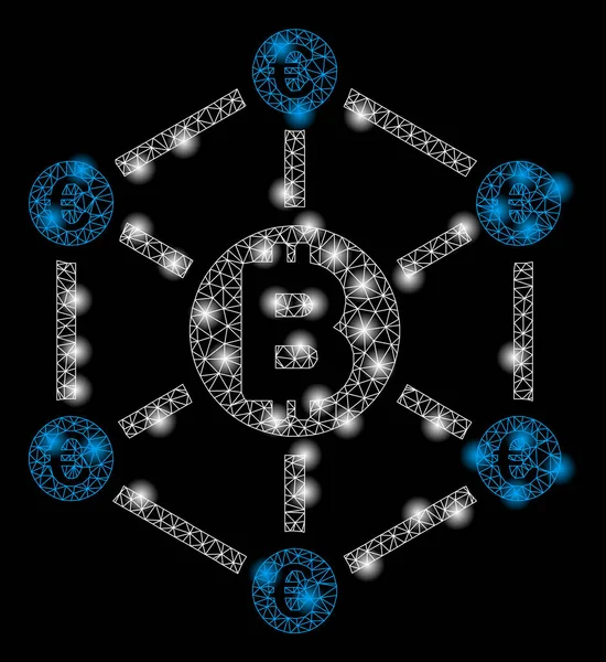 Bright Mesh Carcass Bitcoin Euro Network avec des taches lumineuses — Image vectorielle