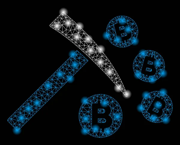 Bright Mesh Network Bitcoin marteau minier avec des taches de fusée éclairante — Image vectorielle