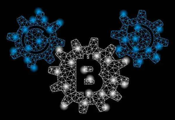 Bright mesh wire frame Bitcoin wielen rotatie met lichtvlekken — Stockvector