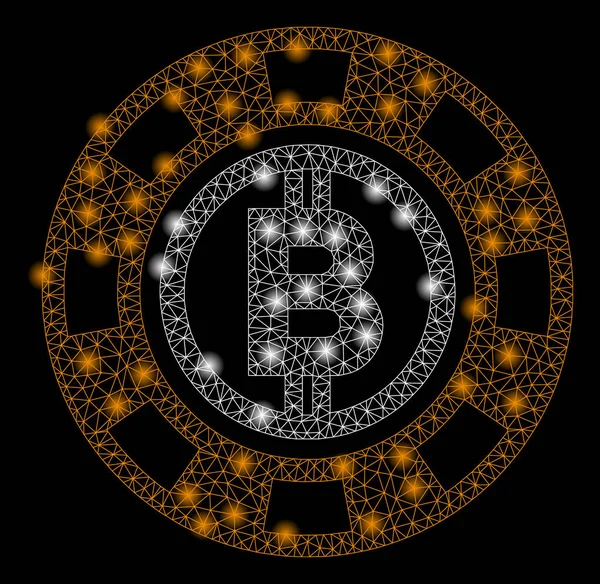 Bright Mesh Network Bitcoin Casino Chip avec des taches de fusée éclairante — Image vectorielle