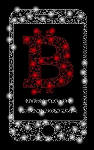 Bright Mesh Carcass Bitcoin Paiement mobile avec des taches de fusée éclairante — Image vectorielle